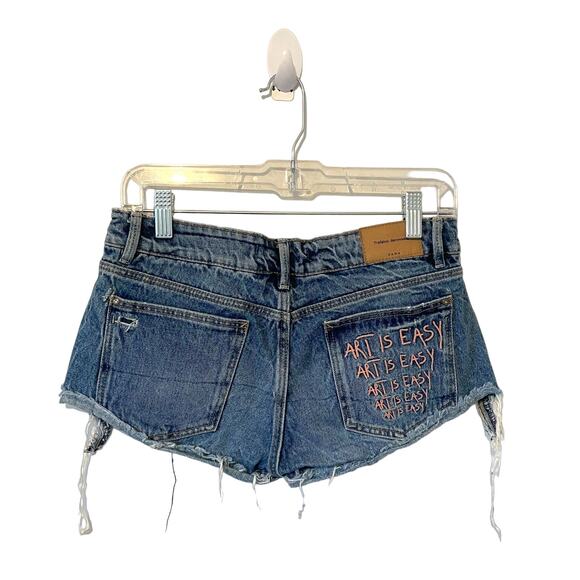 Zara Art is Easy Cut Off Distressed Denim Shorts Blue Pink Size 4 - Picture 1 of 6